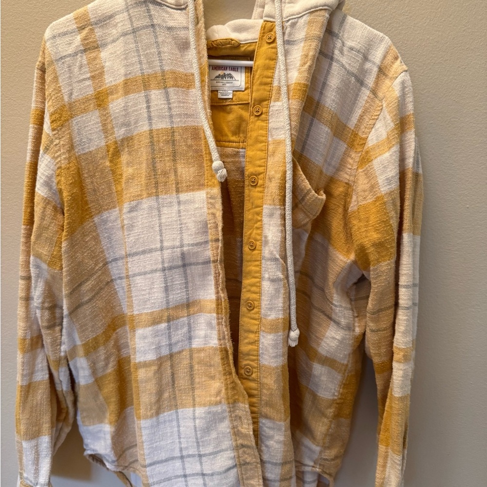 American Eagle Plaid Hooded Button-Up Shacket